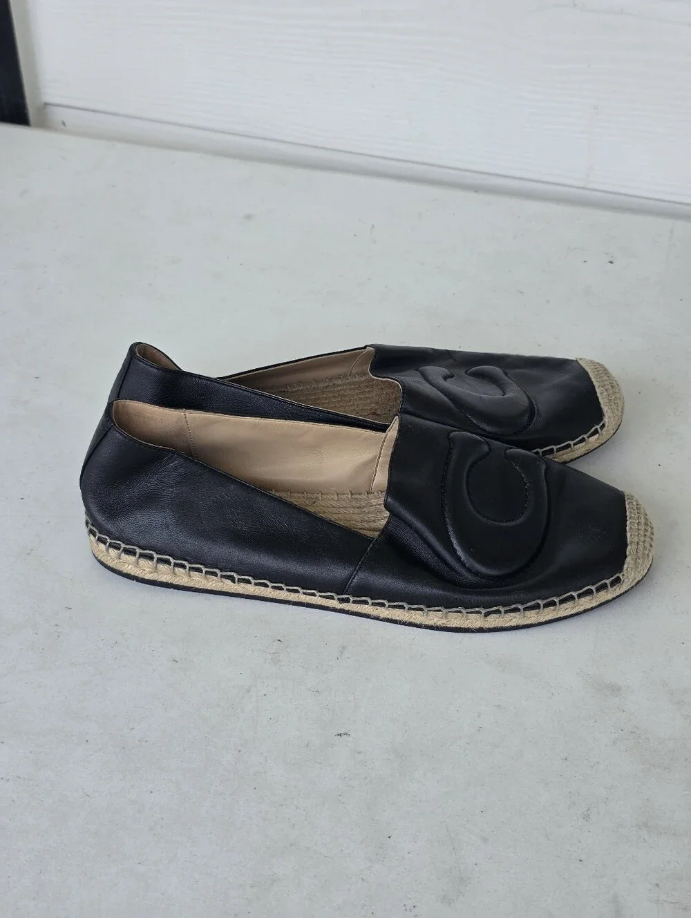 Coach Black Leather C Logo Espadrille Flats Loafers Shoes Size 9.5